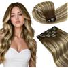 LaaVoo Extension Capelli Veri Clip, Balayage Marrone Scuro a Marrone Chiaro e Biondo, 40cm 80g, Capelli Naturali, Volume Istantaneo, per Feste e Cerimonie, 5pcs Colore 3-8-24