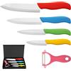 BelleStyle Set Coltelli, Coltelli da Cucina in Ceramica, Professionale Set di Coltelli da Cuoco, Multicolore 4 Coltelli Ceramica e 1 Pelapatate per Tagliare Frutta Verdura Carne - Affilato e Leggero