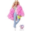 Barbie Extra n.3 - Bambola Snodata con Pelliccia Rosa e Maialino-Unicorno - 15 Accessori - Look Fashion con Ciocche Rossa - Regalo per Bambini 3+ Anni, GRN28
