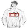 Generico Felpa Bella Ciao con Cappuccio e tascone Centrale Stampa Diretta con Baffi - Hoodie Ladri Zecca di Stato (Bianco, L)