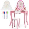 COSTWAY Toeletta Trucco 2 in 1 per Bambina, Specchiera Staccabile per Ragazza in Legno con Sgabello, Cassetto e Specchio Girevole a 360° per Disegnare, Postazione Trucco, Bianco e Rosa