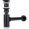 Tayqwiheva Set di scarico sifone di design, sifone nero per lavabo e lavandino con troppopieno, sifone a bottiglia 1 1/4 x 32mm, tubo di immersione regolabile in altezza, con chiusura antiodore e guarnizione in
