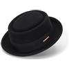 KorhLeoh Pork Pie Cappello da uomo in lana nera con parte superiore piatta, cappello Fedora Trilby unisex (S/M), Nero - Stile B a tesa corta, M