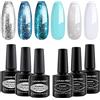 LagunaMoon Set di smalti in gel per unghie, 6 colori metallizzati, blu, argento, glitter bianco, pigmentati, ad alta lucentezza, per unghie fai da te di qualità professionale, kit per manicure e