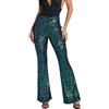 Duohropke Pantaloni a zampa da donna con paillettes a vita alta con paillettes luccicanti a gamba larga pantaloni casual baggy pantaloni, verde, S