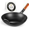 YOSUKATA Wok Padella Professionale 34 cm- Tradizionale Wok Acciaio al Carbonio Fondo Piatto Precondizionato -Wok Cinese Originale -Nero Pentola Wok - Adatto a Gas, Induzione, Elettrico e Fuoco Aperto