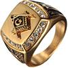 OAKKY Uomo Acciaio Inossidabile Massonica Massone Anello con Diamante Biker Simbolo Membro Banda, Oro Nero Misura 14