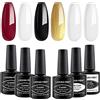 LagunaMoon Set di smalti gel per unghie, base e top coat + 4 colori rosso scuro, oro, nero, bianco, kit di smalti gel per unghie fai da te di qualità professionale - Kit smalto soak off UV LED per