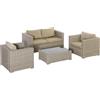 Outsunny Set Mobili da Giardino 4 Pezzi in Rattan PE, Salotto da Esterno 1 Divano, 2 Poltrone, 1 Tavolino e Cuscini Lavabili, Kaki e Beige|Aosom