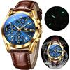 OLEVS Men's Chronograph Quartz Watches, Leather Strap Gold Case with Day Date, Waterproof Stainless Steel Wrist Watch, Luminous Watches for Men, Fashion, Leisure
