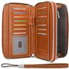 HNOOM Portafoglio Donna in Pelle PU Grande Capacità Portafoglio Donna Lungo Cerniera con Bloccaggio RFID, Elegante Portamonete Donna con 14 Scomparti per Carte (Marrone)