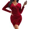 Fulidngzg Vestiti Donna Invernali Curvy Corti Taglie Forti Vestito Rosso Abito Elegante Offerta Cocktail Abito da Sera Scollo a V da Sposa Vestiti Vintage Velluto Vestito Capodanno Abiti da Cerimonia