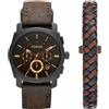 Fossil Orologio + Bracciale Uomo FOSSIL MACHINE FS5251SET Chrono Pelle Marrone Nero BOX