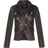 Infinity Leather Donna Nero Vera Pelle Giacca Blazer Casual Retro Militare Oro Bottoni