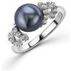 OROVI Anello Donna Argento Sterling 925 Rodiato con Perla Nera Coltivata d'Acqua Dolce MM 8,00 fra due spirali di Zirconi taglio Brillante. Gioiello in Argento solido anallergico.