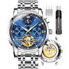 OLEVS Mens Automatic Watches Skeleton Mechanical Self Winding Luxury Dress Wrist Watch Moon Phase Day Date Waterproof Luminous Two Tone Watches Gifts