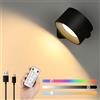 Lightsjoy RGB Dimmerabile Lampada a Parete con Batterie Wireless LED Applique da Parete Interno Controllo Remoto Luce da Parete 360 ° Rotante per Soggiorno, Camera da Letto, Studio (Nero 1PC)