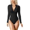 SUIUOI Body da donna, indumento a maniche lunghe elegante, top body, camicia a maniche lunghe con zip, top body tutina, body a g-string, tutina body, slip a costine, intimo modellante, top body per il