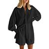 OMZIN Donna Estate 2 Pezzi Outfits Button Down Camicia Camicetta Pantaloncini Vita Alta Set Streetwear Blu Navy S