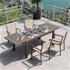 DEGHI Set pranzo tavolo 160/240x90 cm e 4 sedie con braccioli quadrati in alluminio e textilene tortora - Carioca