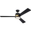 Westinghouse Lighting 73039 Tristan, moderno ventilatore da soffitto con luce e telecomando, 132 cm, finitura nera opaca con accenti dorati, vetro smerigliato opale