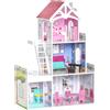 DecHome Casa delle Bambole in Legno a 3 Piani Playset per Bambini 3+ Anni colore Rosa - 302DH08