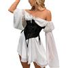 FeMereina Mini abito da donna con spalle scoperte e maniche a sbuffo, irregolare, con volant, in rete, per matrimoni, serate, feste, senza bustino, bianco, S