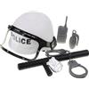 Il poliziotto fa finta di giocare con il casco per walkie-talkie Set di