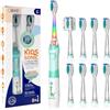Seago Spazzolino Elettrico Bambini 3-12 Anni Spazzolino Bambini Spazzolini Elettrici Con 8 Testine Spazzolino Elettrico Luce LED Colorata e Osservante 4 Modalità Timer Intelligente SG-977, Verde