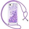 Vauki Cover per iPhone 8/iPhone SE 2020/iPhone 7/SE 2022 con Cordino, Trasparente Glitter Liquido Antiurto Brillantini Tracolla Custodia, Silicone Bumper Laccio Sabbie Donna Protettivo Case, Viola