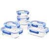 Amazon Basics Contenitori in vetro per alimenti con coperchi bloccabili, 14 unità, 4 contenitori rettangolari, 3 contenitori rotondi, senza bisfenolo A Trasparenti Con Anelli In Silicone Blu
