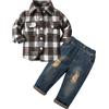 Volunboy 2 Pezzi Flanella Camicia Quadri+ Jeans Blu Strappati, Bambino Maschio Autunno Vestiti Completi Abiti Set(Marrone Bianco,4-5 anni,Taglia 120)