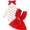 ESSECMBS 3Pz Completo Neonata Elegante Pagliaccetto Maniche Lunghe Neonata Tutina Invernale Bimba Stampa Cuore Rosso+Abito Bretella Gonna+Fascia per Neonata (Rosso, 0-3 Months)