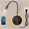 Awekliy Lampada da Parete a LED, Lampada da lettura da comodino a collo di cigno con interruttore, Porta di Ricarica USB,Luce della camera da letto(3W Luce Naturale+8W Luce Calda)Con cavo e spina Nero