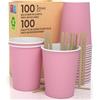 Baciato Caffè 100 Bicchieri in Carta ROSA 200ml in Carta con Palette Monouso Bevande Calde e Fredde, Tè Infusi Acqua Ecologici, Biodegradabili Tazze Monouso Colorate + 100 Palette da 11cm in Legno di Betulla