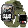 Aoekne Smartwatch Militari Uomo Bluetooth Chiamate, 1.96 Smart Watch Fitness Contapassi Cardiofrequenzimetro Pressione Sanguigna Sonno SpO2 Impermeabile Orologio Intelligente per Android IOS (Verde)