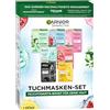 Garnier Set di maschere in panno per ogni tipo di pelle, 7 maschere per il viso per pelli secche a normali, formula vegana con acido ialuronico, Hydra Bomb e Nutri Bomb set maschere 7 x 28 g