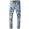 THJIQ Pantaloni da Matita da Uomo in Denim Elasticizzato Skinny con Fori Strappati verniciati a Inchiostro di Cristallo Blu Streetwear