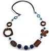 Avalaya Collana lunga in corda scamosciata blu con perline in legno, vetro e ceramica, 90 cm, Blu/Marrone, Pelle scamosciata