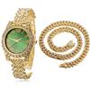 HALUKAKAH Orologio d'oro con Diamanti,Donna Placcato Oro 18 Carati Plated 36MM Larghezza Verde Quadrante Quartz 20cm con Catena Cubane40cm Nacklace,Confezione Regalo Gratuita