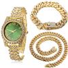 HALUKAKAH Orologio d'oro con Diamanti,Donna Placcato Oro 18 Carati Plated 36MM Larghezza Verde Quadrante Quartz 20cm con Catena Cubane18+40cm Collana Bracciale,Confezione Regalo Gratuita