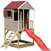 Wendi Toys Casetta per bambini in legno sulla piattaforma | Casa di avventura estiva per bambini con scivolo, scala, balcone, scaffale giocattolo, tapparelle, lavagna