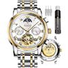 OLEVS Mens Automatic Watches Skeleton Mechanical Self Winding Luxury Dress Wrist Watch Moon Phase Day Date Waterproof Luminous Two Tone Watches Gifts