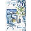 Xpress Yourself Biglietto di compleanno Express Yourself per un pronipote speciale sul tuo 14° - tema bianco e blu con configurazione del computer da gioco e bella pianta vicino al tavolo con un regalo sulla sedia