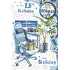 Xpress Yourself Biglietto di compleanno Express Yourself per il tuo 13° compleanno - tema bianco e blu con configurazione del computer da gioco e bella pianta vicino al tavolo con un regalo sulla sedia da gioco.