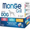 MONGE Grill Adult Dog Pollo e Tacchino, Manzo, Merluzzo - Cibo Per Cani 12 Bustine Da 100 G
