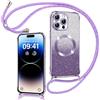 Phoona Cover Magnetica Glitter per iPhone 14 Pro con Cordino, [Compatibile con MagSafe], Brillantini Sottile Lucida TPU Silicone Custodia per iPhone 14 Pro Morbido Antiurto Cover, Viola