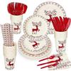 LATERN 200 Pezzi Stoviglie per Feste in Carta di Natale, 25 x Piatti Piani & Piatti da Insalata, 25 x 270ml Tazze, 25 x Tovaglioli, 25 x Coltelli, Forchette, Cucchiai e Cannucce Riutilizzabili