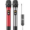 TONOR Microfono Senza Fili UHF Sistema Microfonico Dinamico a Doppio Cordless in Metallo con Ricevitore Ricaricabile,Set di Microfoni Wireless per Canto Karaoke, DJ, Festa,60m (TW630) Argento e Rosso
