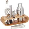 Relaxdays Set da Cocktail, 9 pz. Supporto, Shaker, Misurino, Colino, Pinza per Ghiaccio, Acciaio Inox, Bambù, Naturale